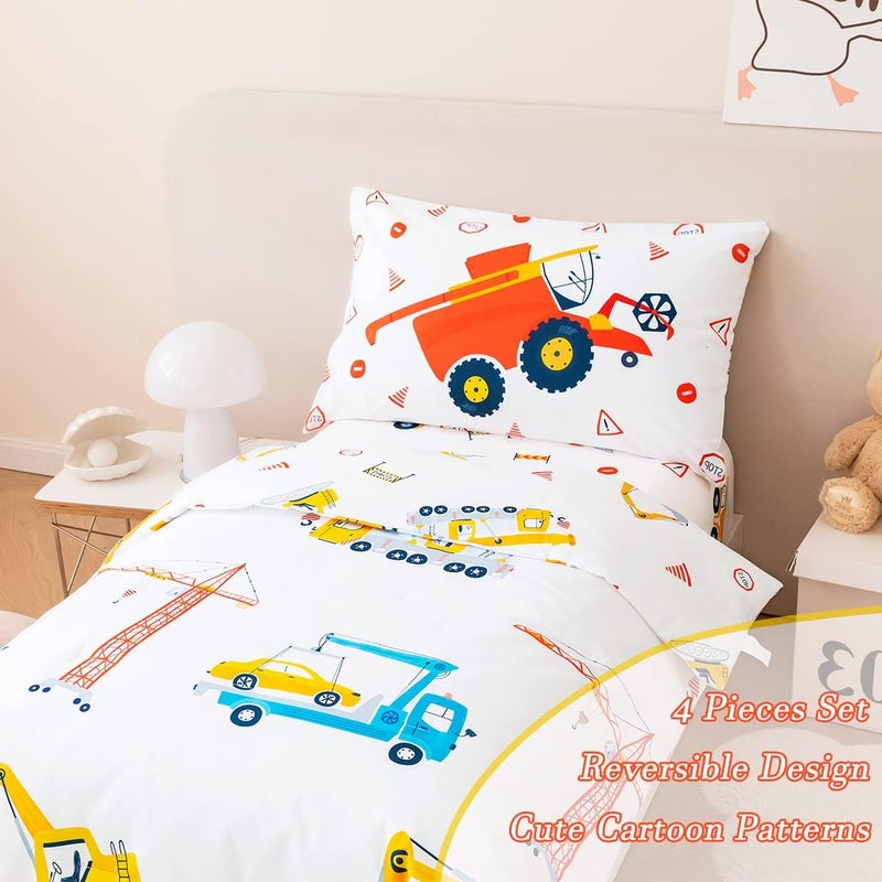PERFEMET 4 Pieces Construction Toddler Bedding Set Excavator Truck Boy Toddler Bed in A Bag Colorful Reversible Cartoon Tractors White Crib Comforter Set for All Seasons(White, Truck/Tractor) - Image 3